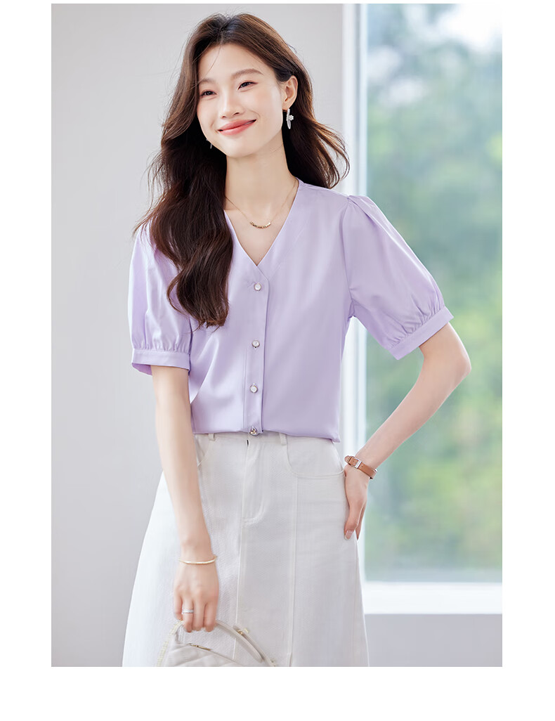 Jeanswest Women's Short Sleeve Shirt 2026 Summer Fashion Casual Versatile Top Purple 2XL 7