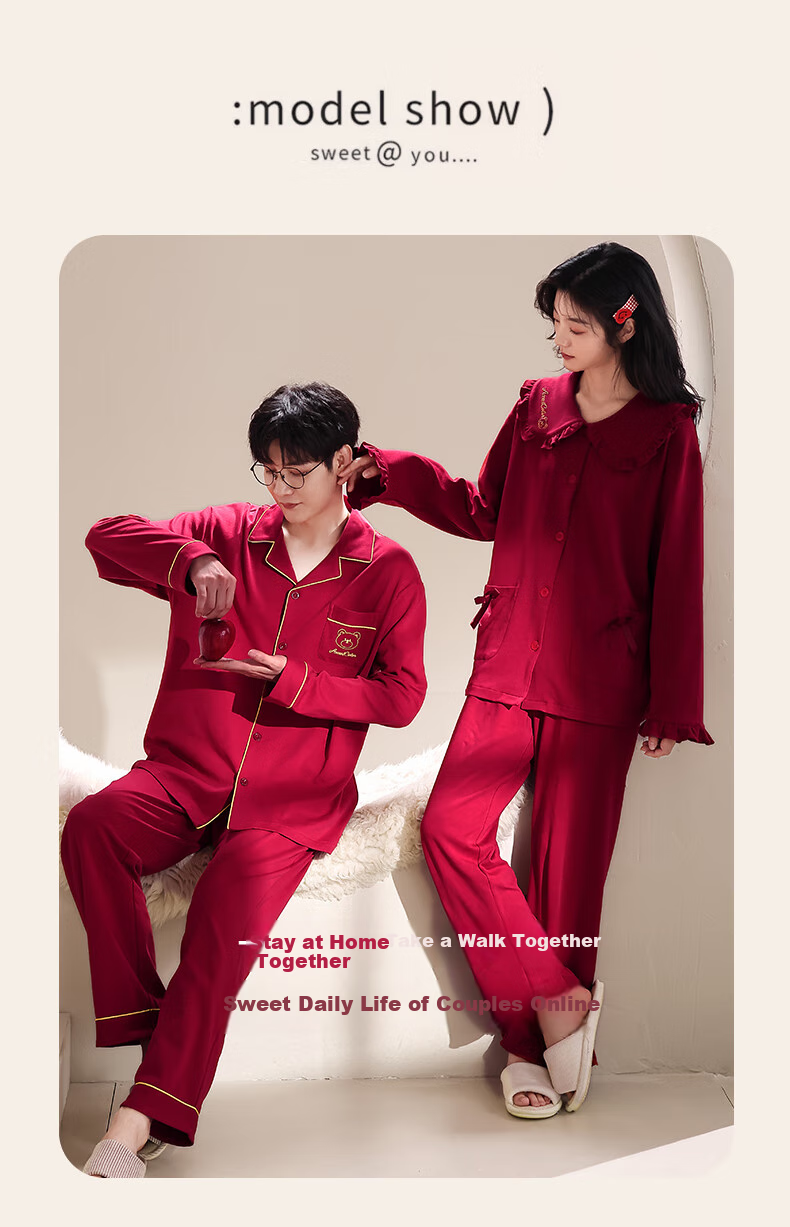 Yiduo Wedding Couple's Pajamas, Women's Autumn And Winter Pure Cotton Long-Sleeve Red, Zodiac Year, Men's And Women's Festive Home Wear Set 17