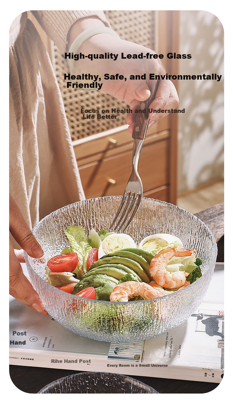 CRISTALGLASS Glacier Glass Salad Bowls Set of 3 - Transparent Round Glass Bowls for Home Use, Vegetable Fruit Plate, Yogurt Dessert Bowls 4