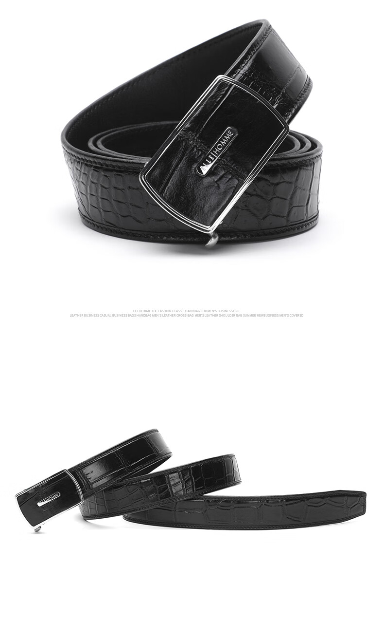 ELLE HOMME Men's Belt, Top-Grain Alligator Leather Automatic Buckle Waistband, Stainless Steel Buckle Trouser Belt 1735 Black Birthday Gift for Me 1