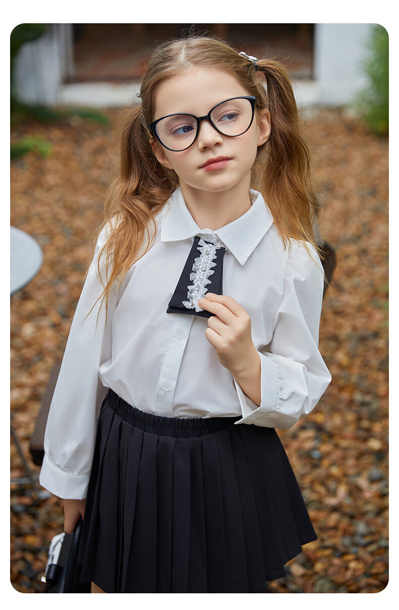 Follow Me Girls' Summer Set: Preppy Style Shirt Top And Pleated Skirt Two-Piece Set White/black 140 8