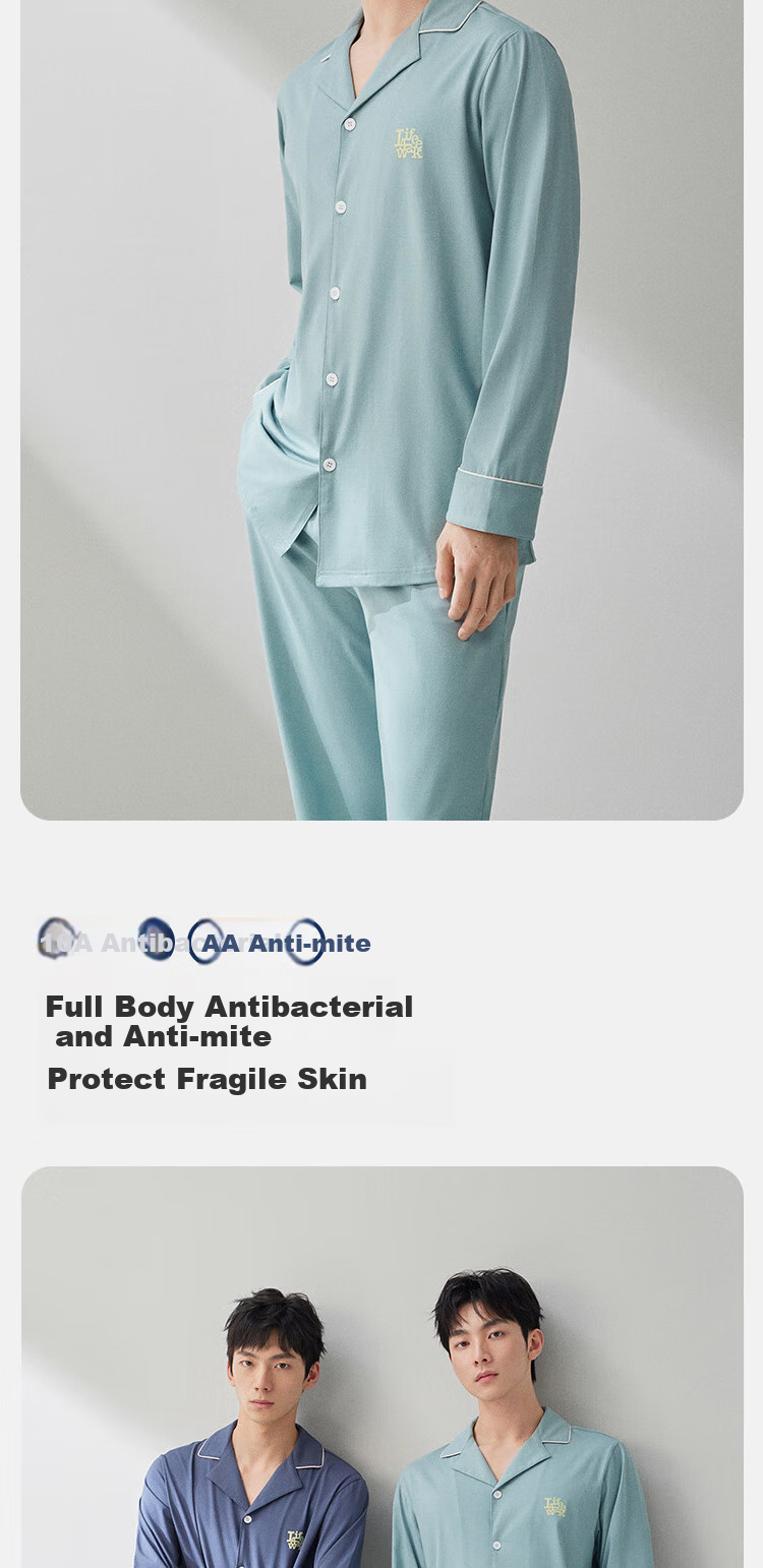 HLA Men's Pajamas, Turn-Down Collar, Pure Cotton 95%, 10% Antibacterial, Comfortable, Suitable for Outdoor Wear, Long-Sleeve Top And Long Pants, Home Loungewear Set 2