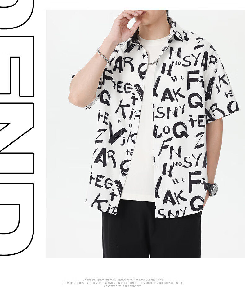 CLOR American Style Ice Silk Men's Spring and Autumn Printed Short Sleeve Shirt Loose Fit Five-Sleeve CLCX12 Cool Letter 2XL 6