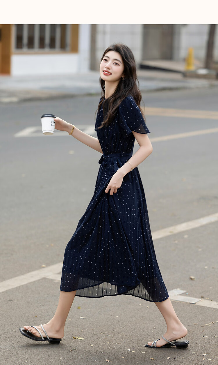 Dme [Watermark Dotted Print], Summer Elegant Gradient Pleated Lotus Leaf Sleeve Tie-Back Flowing Mid-Length Women's Dress 7