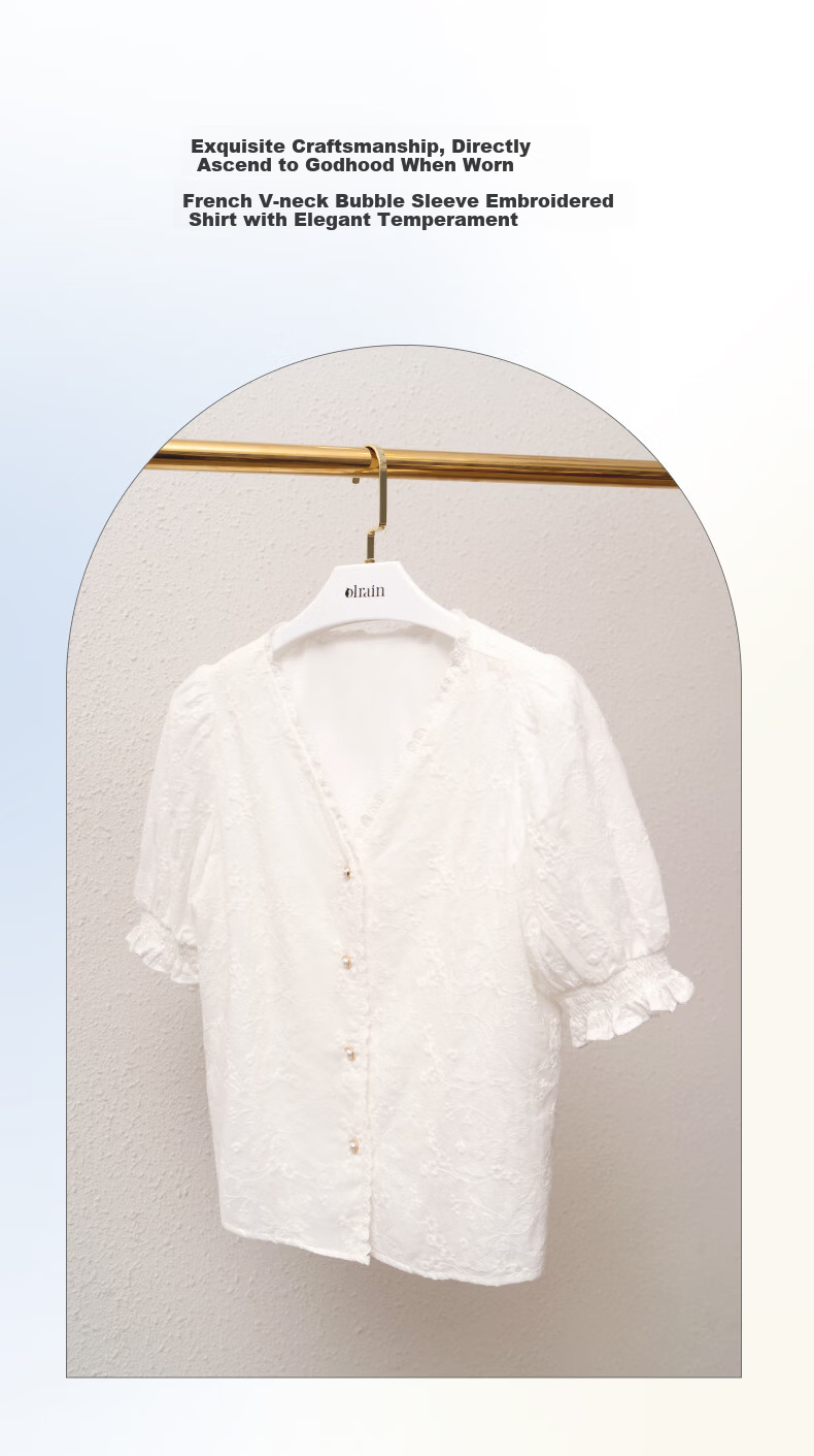 Olrain [Exquisite Small Flower Embroidery Lace Blouse], V-Neck Shirt, Summer Women's Top, Elegant Commuter Wear, White, M 2