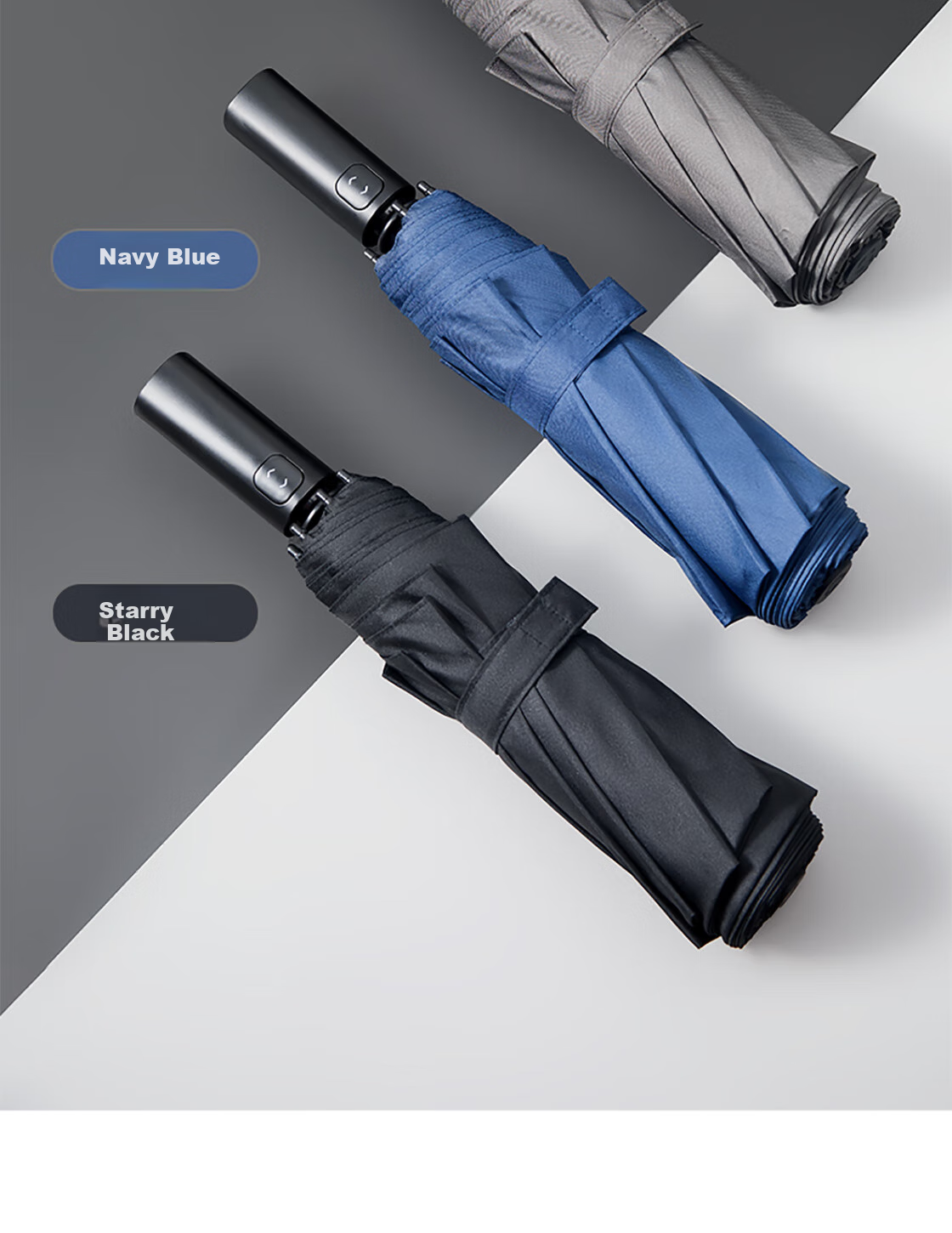 MINISO Automatic Umbrella Classic Solid Color Three-Fold Umbrella Rain Umbrella Rain Gear Dual-Use Sun Protection Umbrella Navy Blue 2