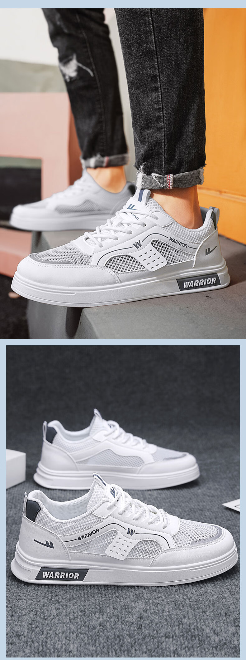 Warrior Official Men's Summer Breathable Mesh Sneakers Lightweight Hollow Thin Sports Shoes 586 White Blue Size 44 12