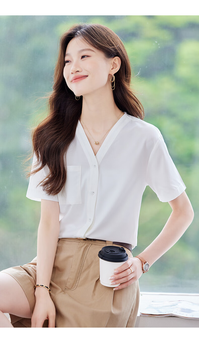 Jeanswest Women's Summer Casual Short Sleeve V-Neck Pocket Versatile Fashion Formal Shirt White L 6