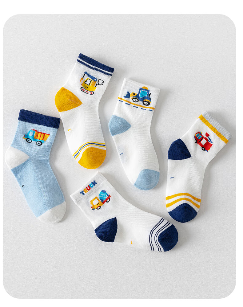Xueqiman Children's Socks Spring and Autumn New Mesh Soft Cotton Mid-Calf Cartoon Excavator Socks for Boys and Girls Babies 7