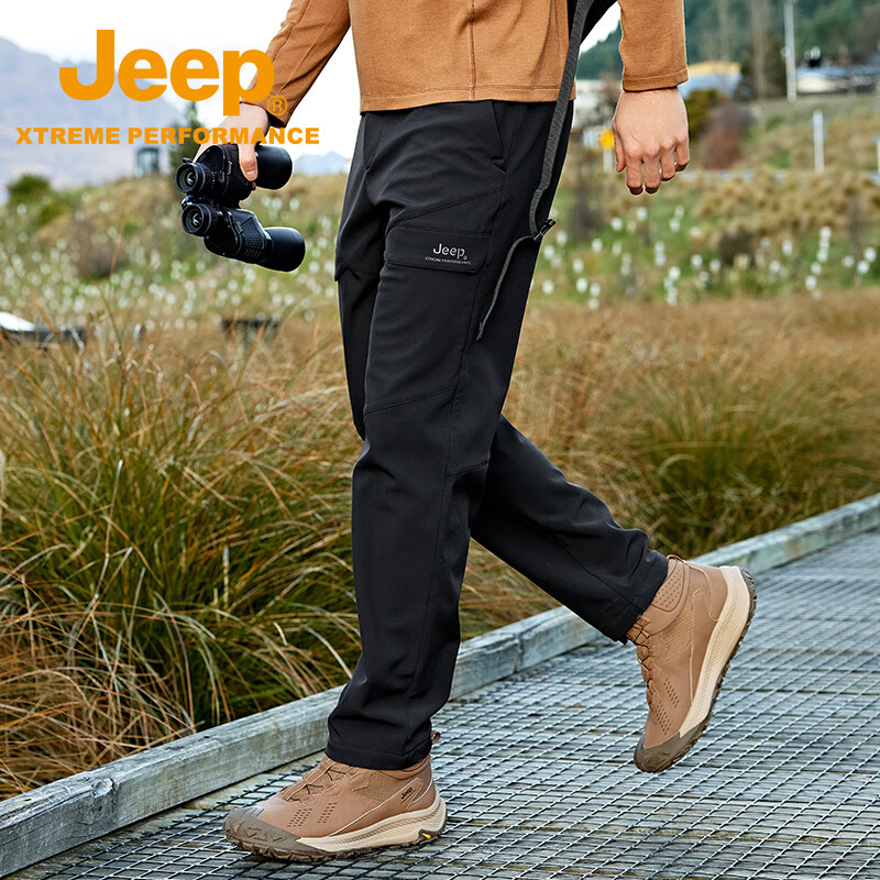 Jeep Windshield Softshell Pants Men Outdoor Sports Cold-Resistant Warm Straight-Leg Hiking Fleece-Lined Windproof Breathable Mountaineering Pants