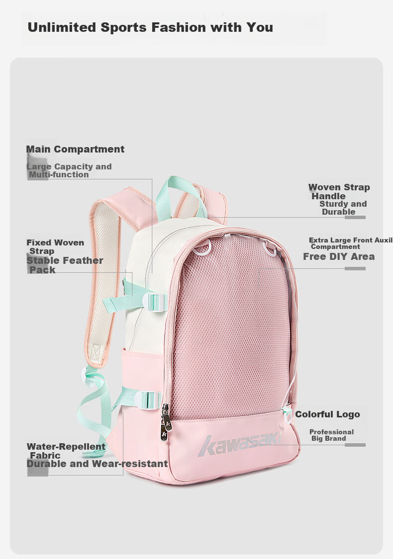 KAWASAKI Badminton Bag, Pain Bag, Anime Style Backpack for Men And Women, Casual Sports Bag C8242, Beige 4