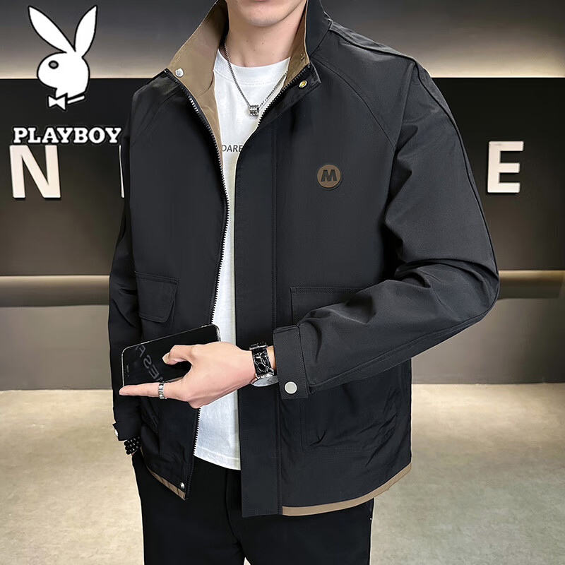 Мужская тонкая куртка PLAYBOY на весну и осень, большого размера, повседневная рабочая куртка с воротником-стойкой, с длинным рукавом, черная, 2XL