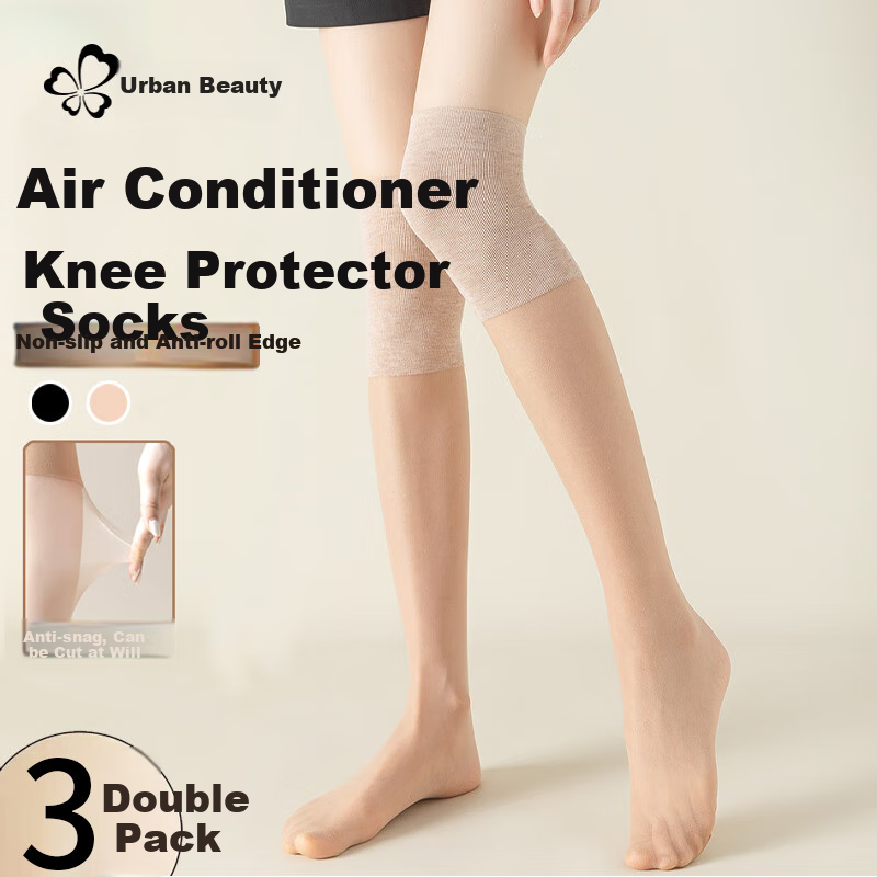 Dushiliren 3 Pairs of Women's Socks, Knee-Protecting Socks for Air-Conditioned Rooms, Warm Over-Knee Non-Slip Summer Long Stockings for Cold Legs, Skin Color