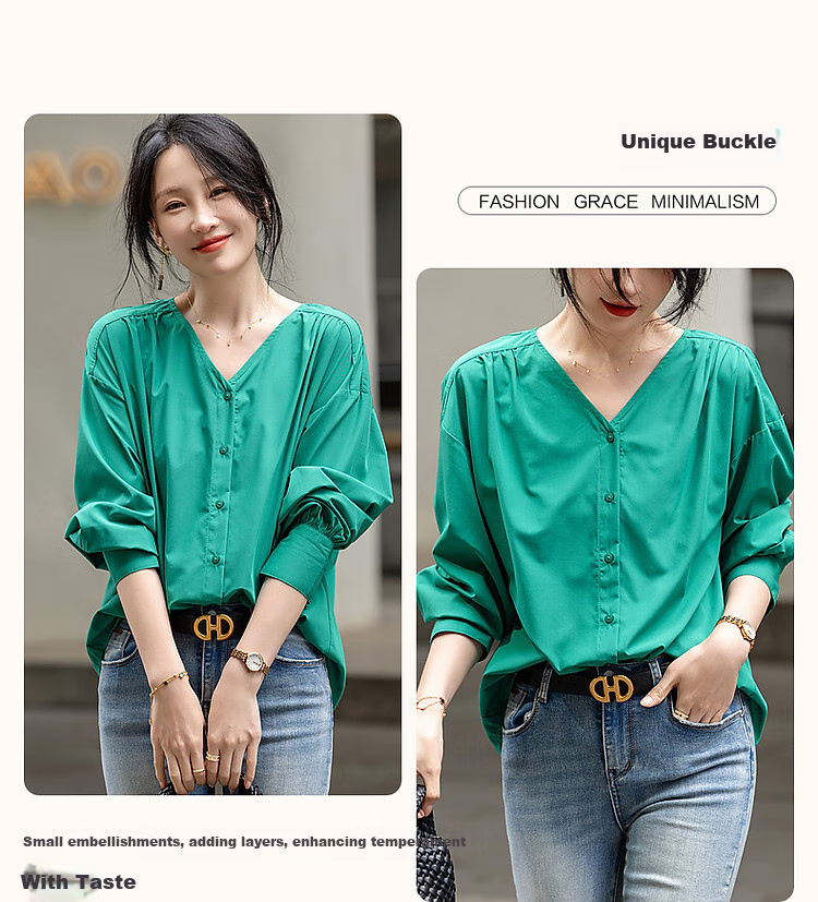 Dme [Dopamine Color Palette] Spring And Autumn French Relaxed V-Neck Shirt, Elastic Comfortable Slimming Blouse, Women's Top 4