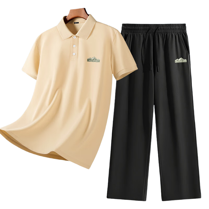 JEEP SPIRIT Men's Polo Shirt Short Sleeve Set Ice Silk Quick-Dry Antibacterial Cooling Straight-Leg Cropped Pants Khaki 3XL