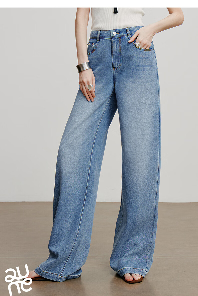 Chuyu Focus Acetate Puff Soft Denim Women's 2025 New Mid-Waist High Street Embroidered Wide-Leg Pants Sky Blue 28 11