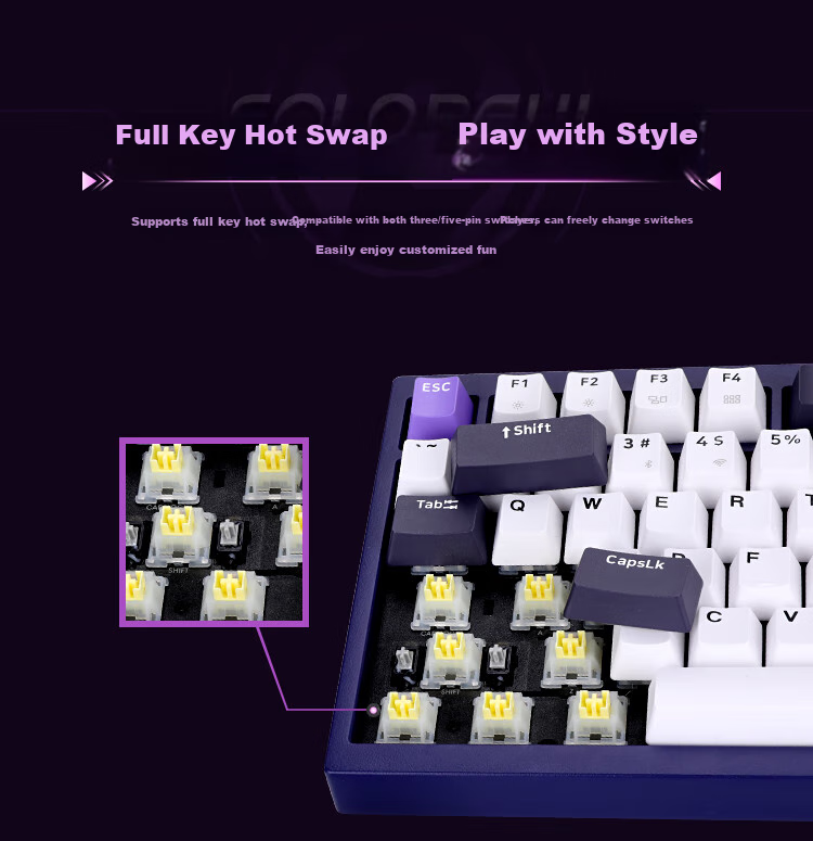 Colorful KB8PRO81 Mechanical Keyboard, Wireless Bluetooth Tri-Mode Connection, Yijin IP Aluminum Block, Customizable E-Sports Gaming Keyboard, Meteor Purple, Quiet Yellow Switches 9