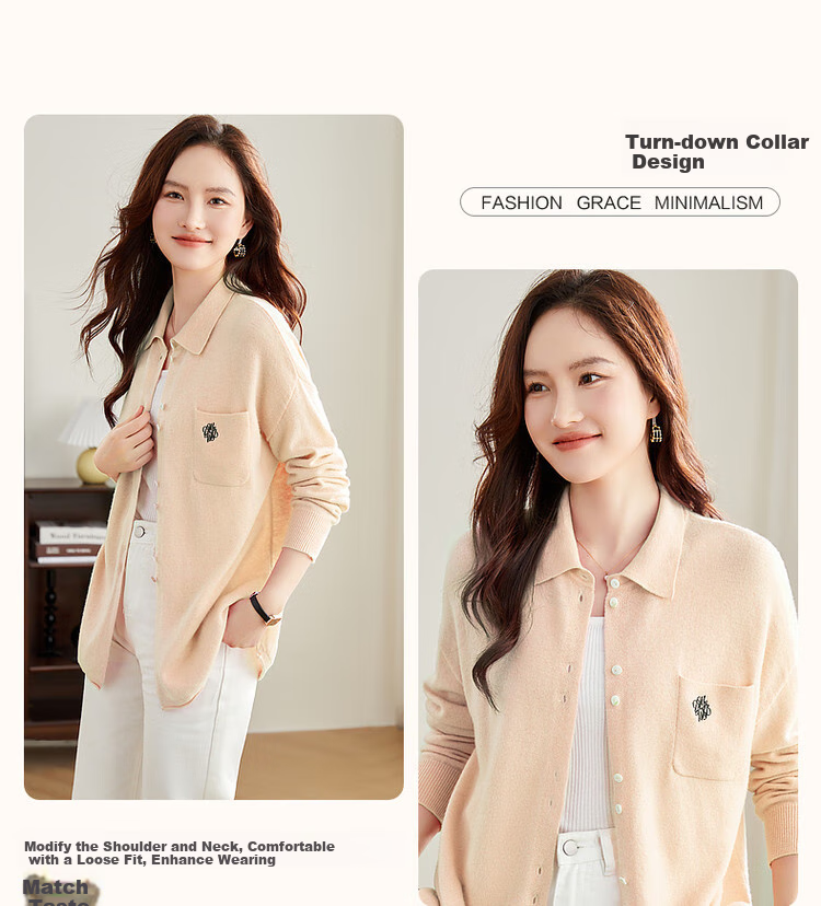 Dme [100% Merino Wool Shirt-Style Sweater], Winter Lapel Cardigan, Letter Embroidery Knit Sweater, Women's Top 4