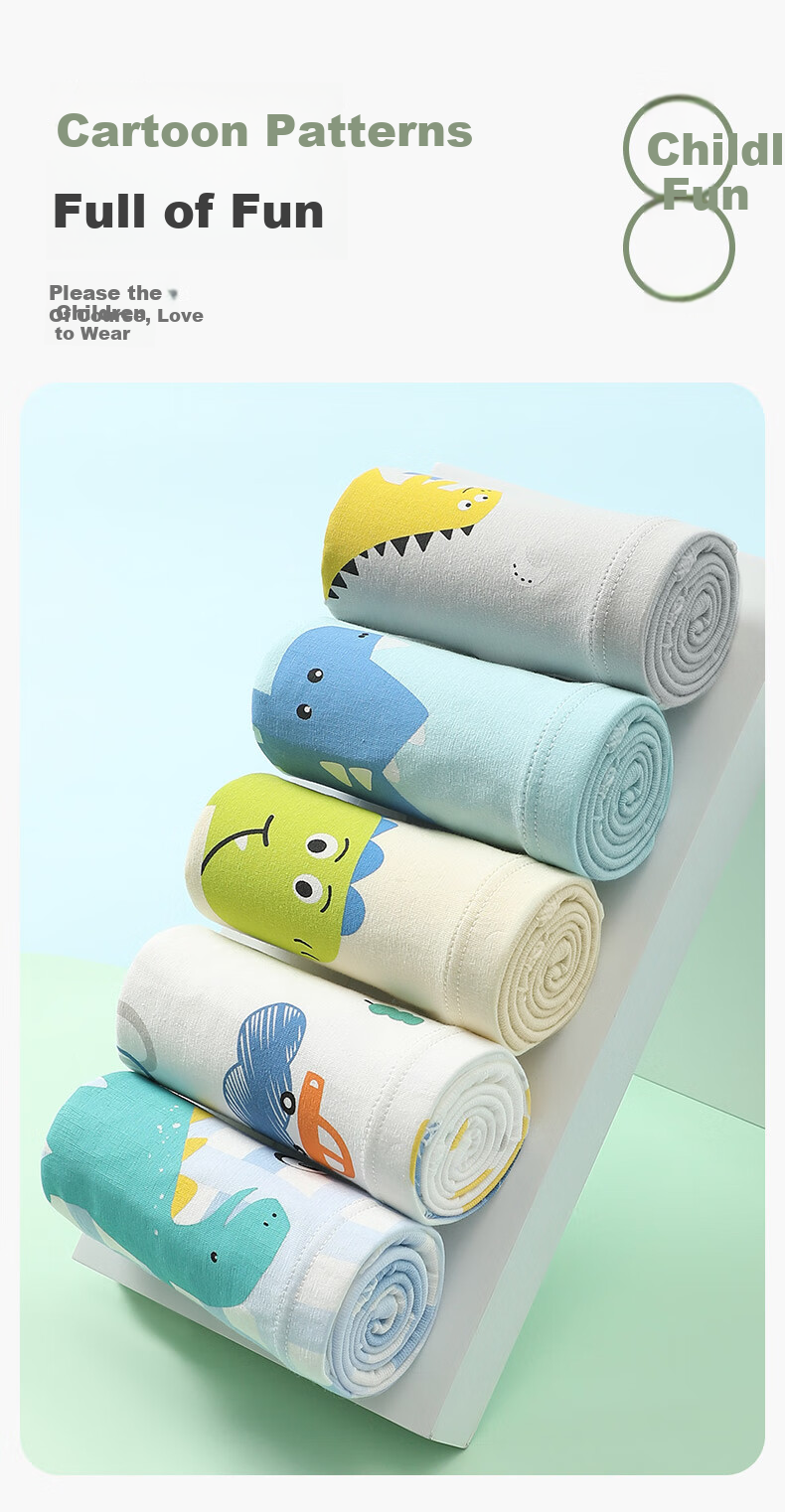 FENTENGCARE Kids Underwear Class A Baby Cotton 7A Antibacterial 5-Pack 100% Cotton Crotch Boys Cartoon Boxer Briefs 7