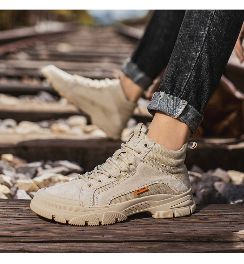 CALIFBULL Men's Shoes Spring And Autumn Trendy Retro Martin Boots Work Boots Men's Style Breathable Outdoor Combat Boots Apricot Color Size 39 14