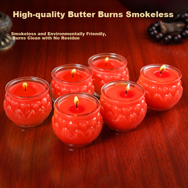 Bingyou 24-Hour Flat-Top Lotus Lamp, Set of 6, Smokeless Butter Lamp for Buddhist Worship, Round Lotus Long-Burning Lamp