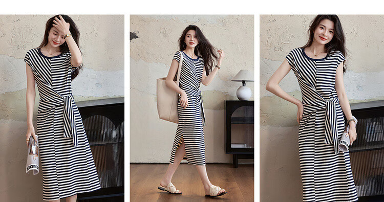 Mt [Asymmetric Aesthetic], Summer Design-Inspired, Tie-Up Slit Round Neck, Elastic Long Women's Dress 3