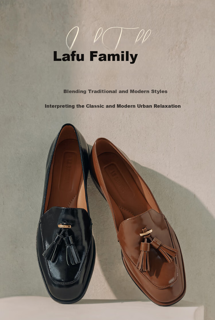 Le Saunda, Qiangdongyue Same Style, Laifu Family Round Toe Comfortable Genuine Leather Loafers Women's 10502, Truffle Black, BKL, 37 1