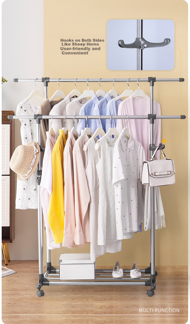 Baoyouni Clothes Drying Rack, Floor-Standing Indoor Roller Movable Hanger, Double-Pole Extendable Clothes Drying Rack, Balcony Drying Rack 6