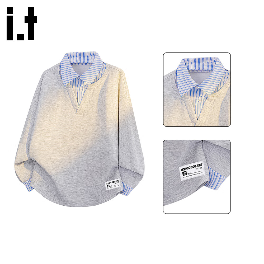 :CHOCOOLATE IT Shirt Collar Fake Two-Piece Sweatshirt Men Autumn New Loose Long Sleeve Polo T-Shirt Trend Light Gray XL
