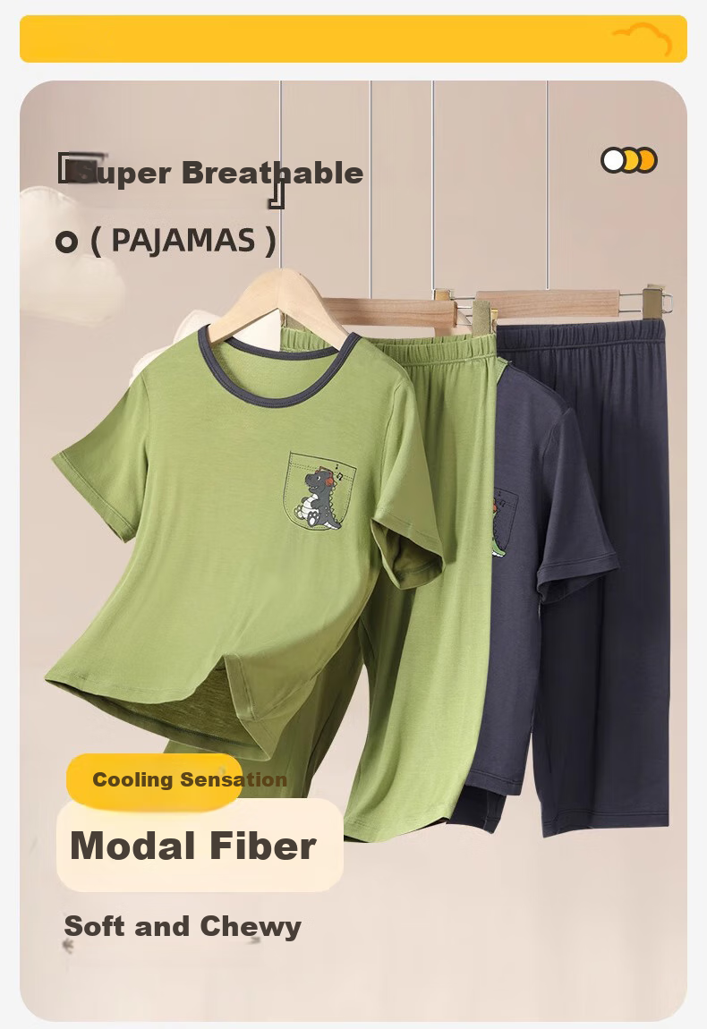Bingxuemumian Children's Pajamas, Boys' Modal Summer Thin Set, Short-Sleeve Long Pants, for Older Children, Home Air Conditioning Wear, Two-Piece Set 1