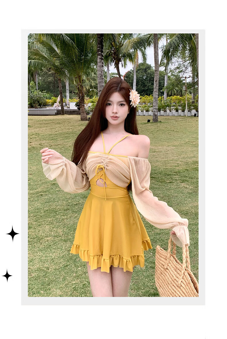 DK One-Piece Swimsuit Dress for Women, Conservative Style, New Hot Spring Design, Push-Up for Small Chest, Slimming Effect, Vacation Beach Wear, Elegant Look 4