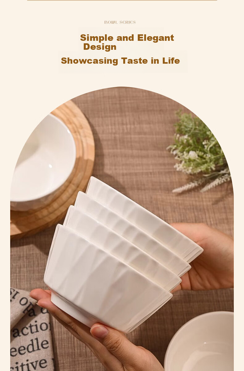JIWUSENLIN Ceramic Bowl And Plate Set for Home Use, Pure White Simple Design Rice Bowl Soup Bowl Noodle Bowl, 4.5 Inches, Set of 6 4