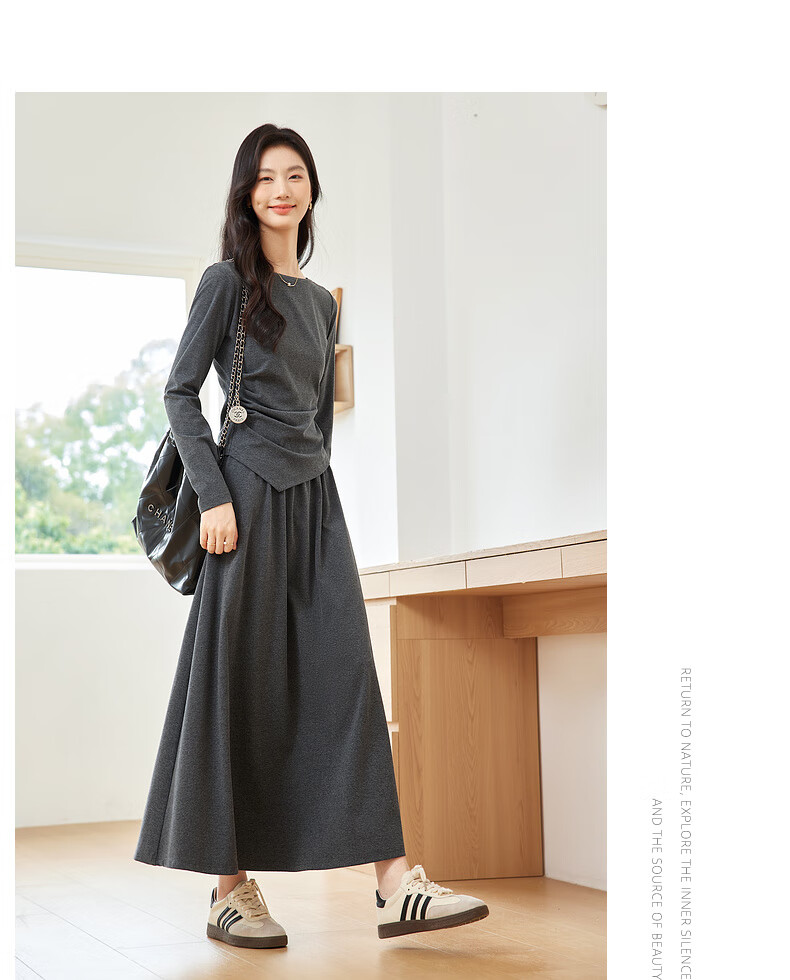 Fansiman Korean Style Premium Commuter Suit Dress for Women Autumn New Top and Skirt Set Deep Floral Gray L 8