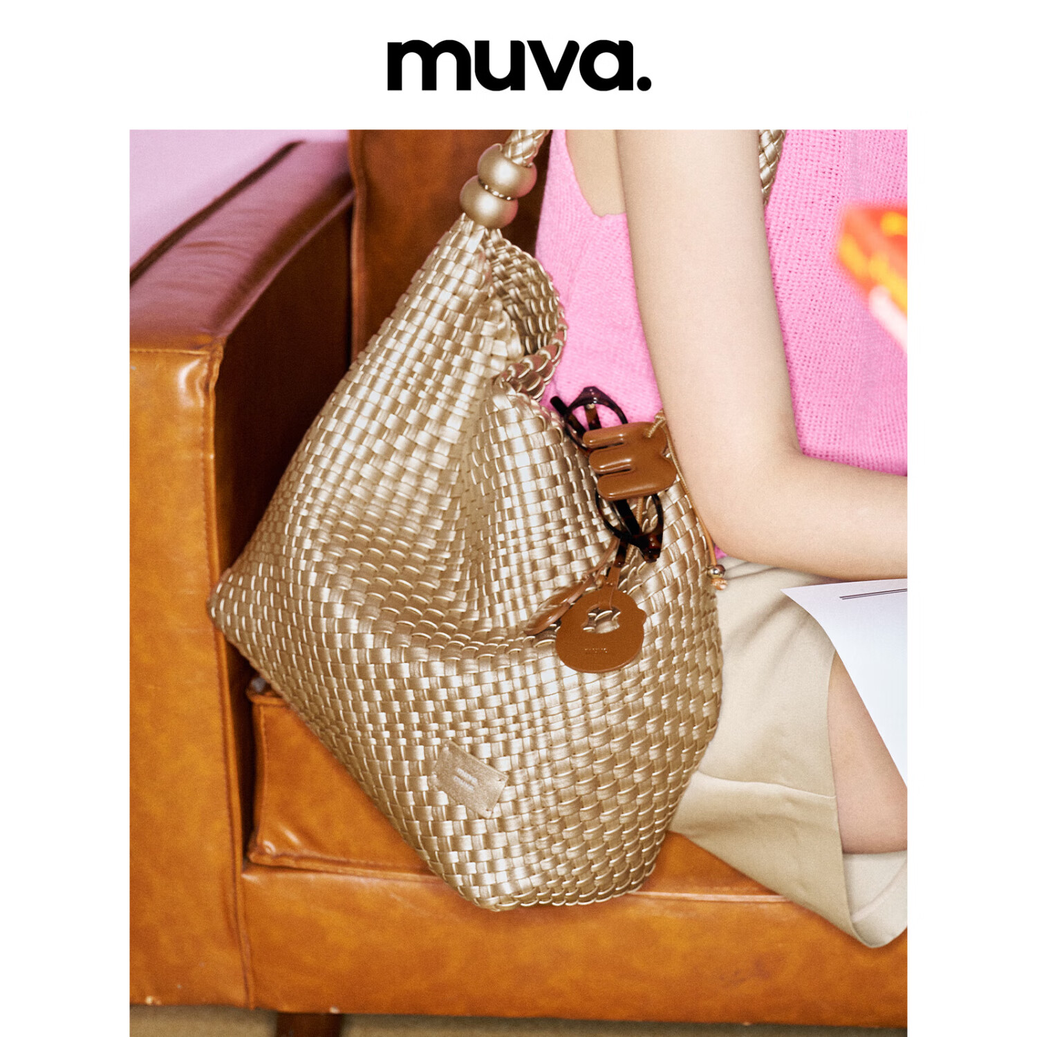 MUVA Pearl Knit Bag, Large Capacity Tote Bag for Commuting And Beach Vacation, Shoulder Bag, New Style Birthday Gift, Champagne Gold