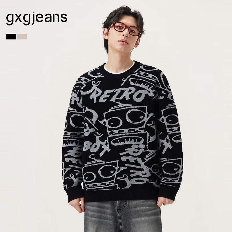 Gxg.jeans Men's Casual Loose Fit Sweater with Fun Pattern, Crew Neck Knitwear, Fall/Winter 2025 New, Black, Size 170/M