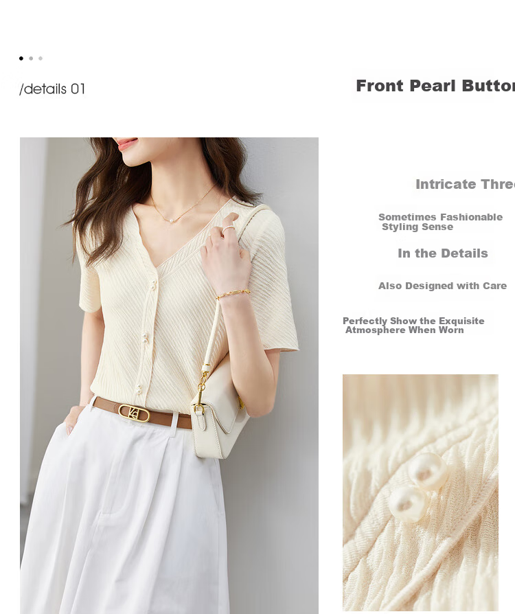 Sentubila Gentle V-Neck Pearl Button Short-Sleeve T-Shirt for Women, Summer Slimming Niche Design Top, Apricot Color, Size S 4