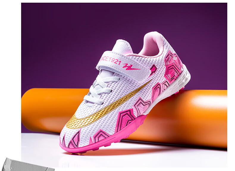 Shuangxing Children's Soccer Shoes, TF Turf Cleats, Summer Student Youth Big Kids Lightweight Non-Slip Wear-Resistant Football Boots, White And Pink, Size 34 34