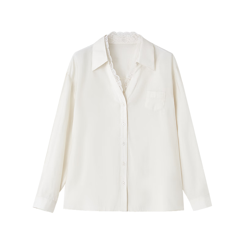 Dme [Breathable Tencel] Autumn Korean Style Shirt Lace Trim V-Neck Collar Elegant Blouse Women's Top