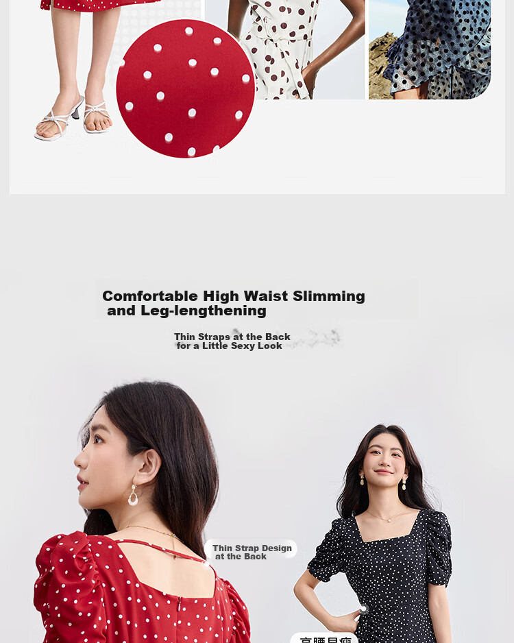 Sentubila French-Style Dress for Women, Summer Square Neckline, Ruched Sleeves, Vintage Polka Dot, Pleated Slit A-Line Skirt 2