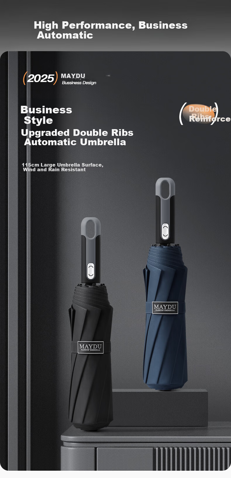 MAYDU Fully Automatic 10-Rib Umbrella, Men's Business Folding Umbrella for Sun And Rain, Extra Large Reinforced Tri-Fold Double Umbrella M3077 Navy Blue 1