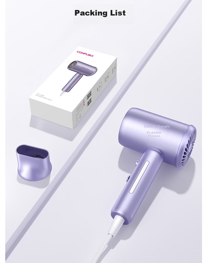 CONFU 100 Million Plasma Hair Dryer 1600W High-Power Quick-Drying Hair Protection No Damage to Hair Mite Removal Antibacterial for Men And Women Home Use Negative Ion Hair Dryer KF-3158 Purple Holiday Gift 12