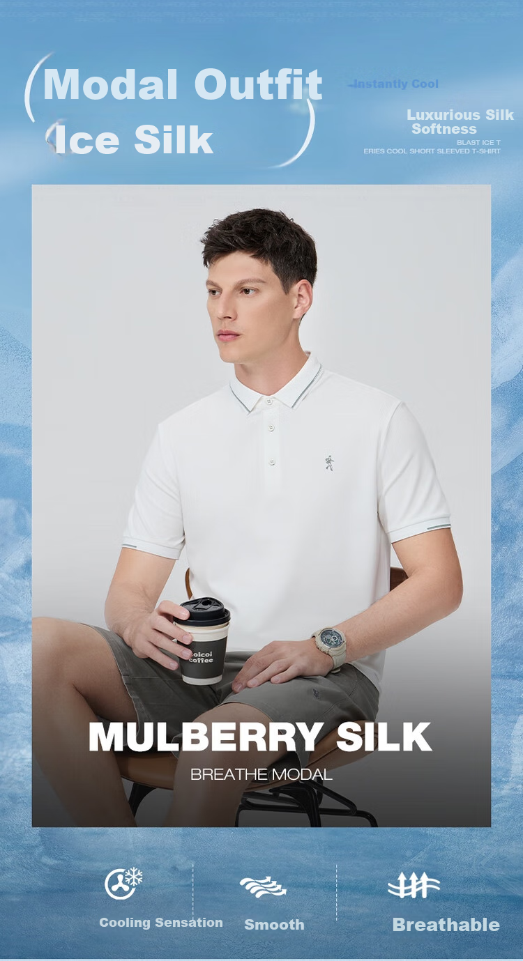 DANCING WOLVES [Mulberry Silk & Instant Cooling] Exquisite Embroidered Men's Short-Sleeve POLO, 001 Black, Size M (170cm) 1