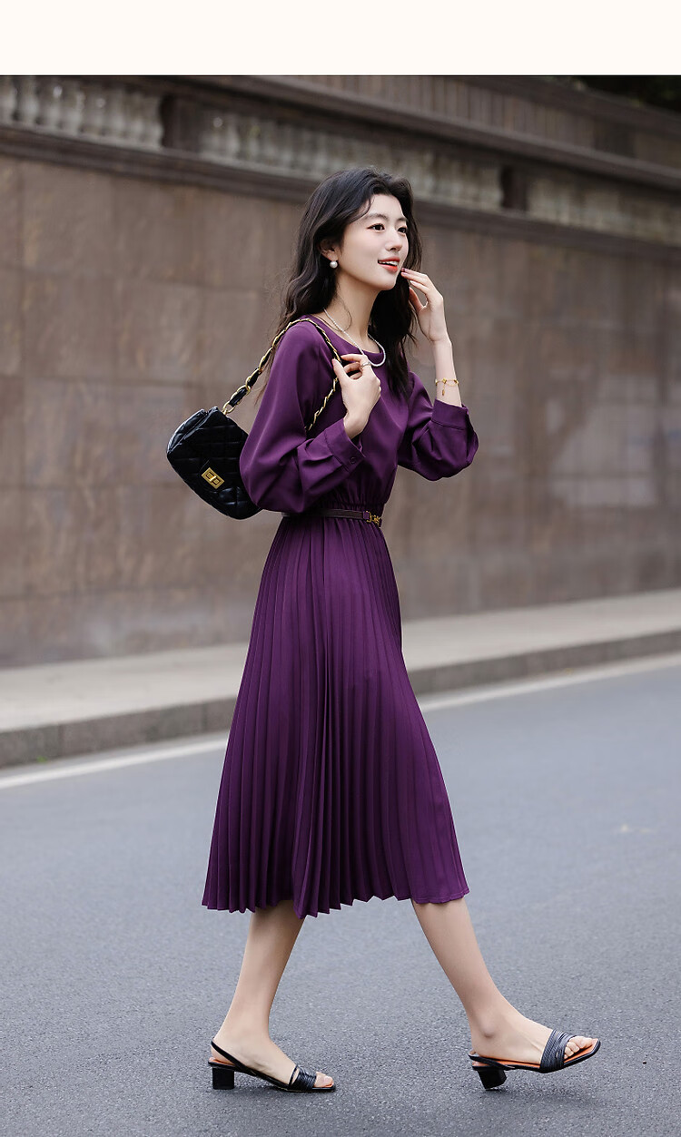 Dme [Elegant French-Style Lady] Autumn Draping Silk Elastic Waist Pleated Skirt, Ruched Belt Women's Dress 10