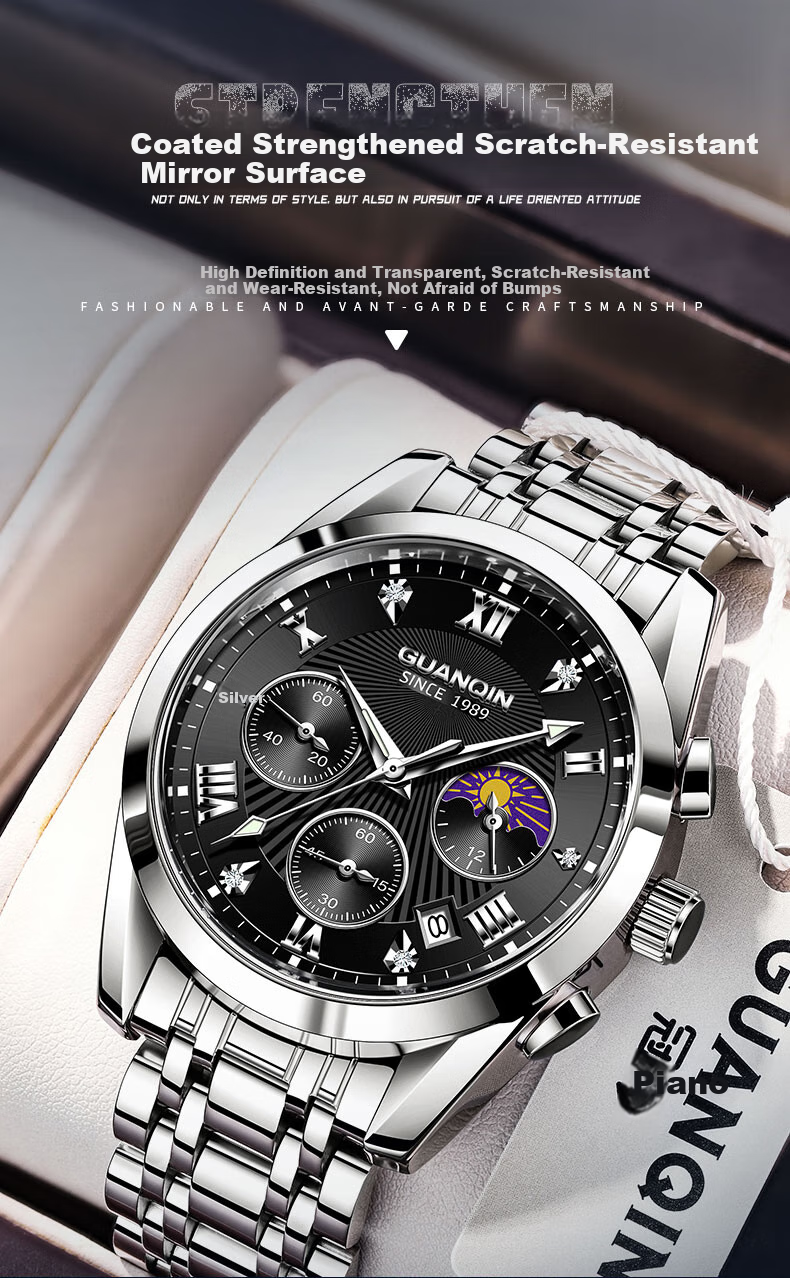 GUANQIN Men's Mechanical-Style Fashion Wristwatch, Swiss Quality Men's Watch, Waterproof Fully Automatic Multifunctional Brand National Watch 9