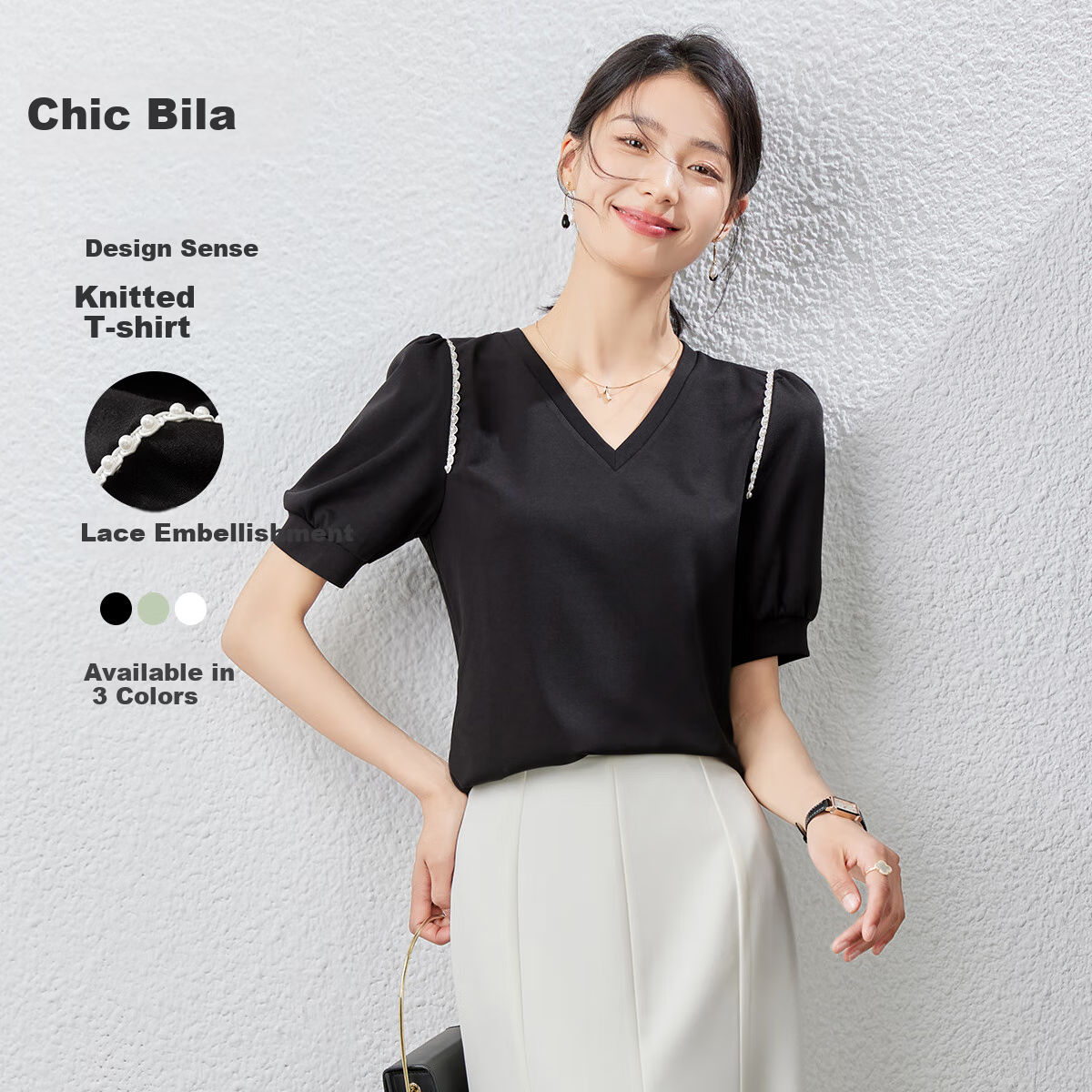 Sentubila Summer Short-Sleeve T-Shirt for Women, Romantic Lace Trim Puff Sleeves V-Neck Slimming Women's Top, Black, S