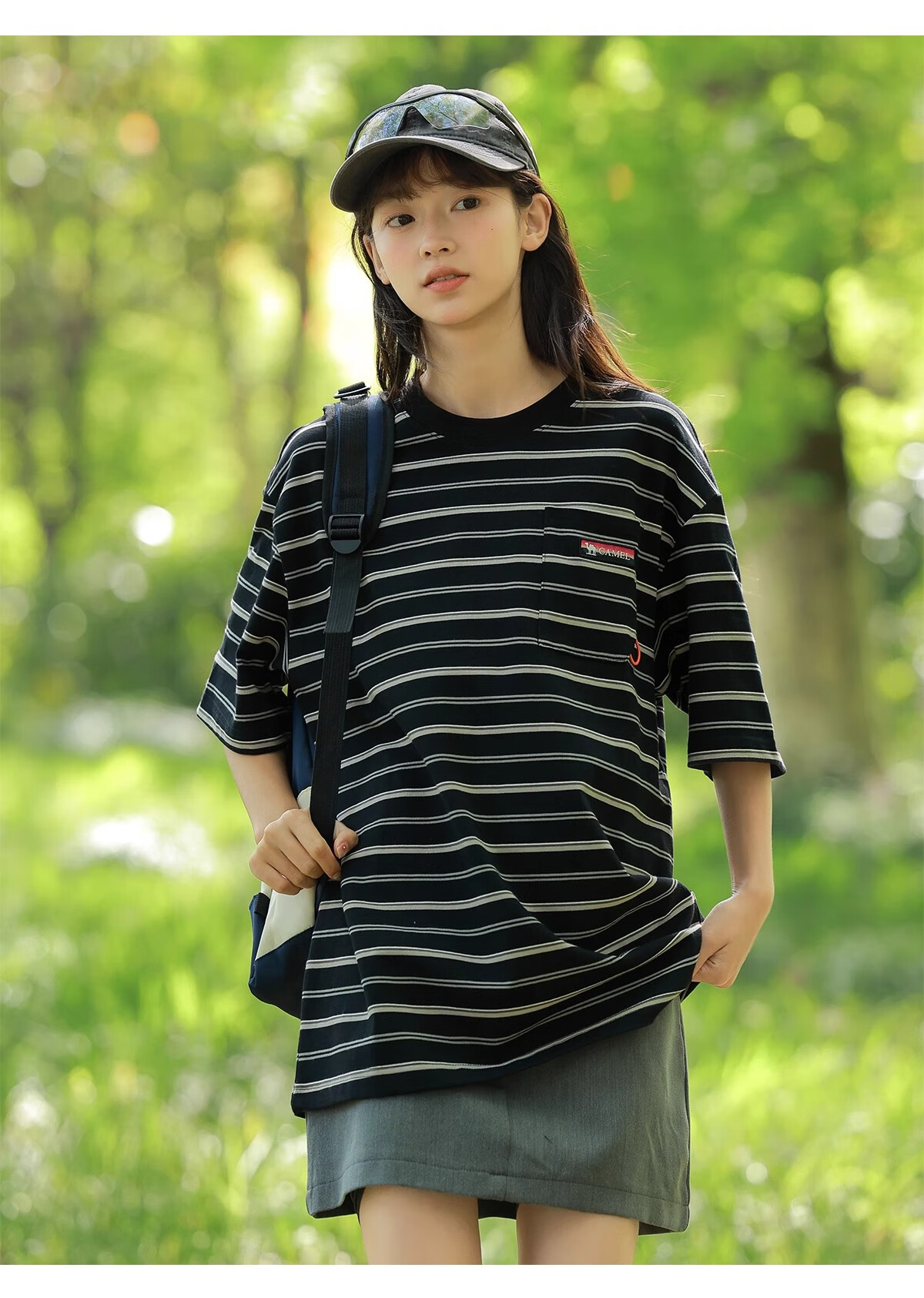 CAMEL 100% Cotton Outdoor T-Shirt Women Spring Summer Breathable Loose Fit Stretchy Striped Short Sleeve Top Men V010 1