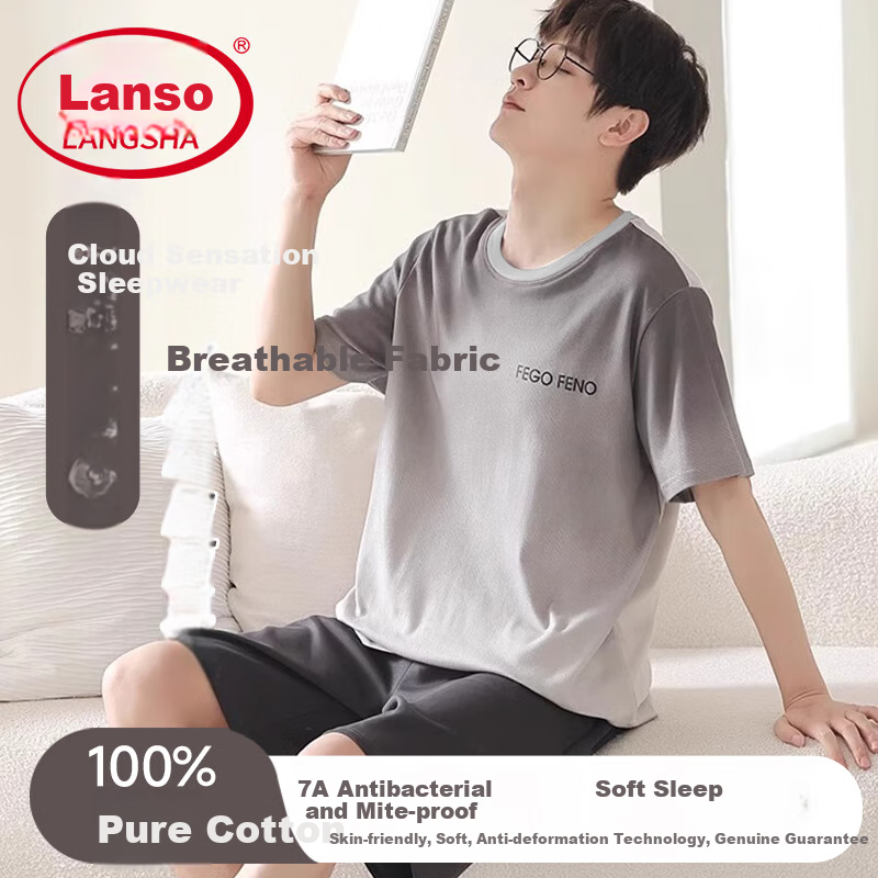 Мужская пижама LangSha из 100% хлопка, летний комплект из футболки с коротким рукавом и шорт, свободная повседневная одежда для дома и улицы