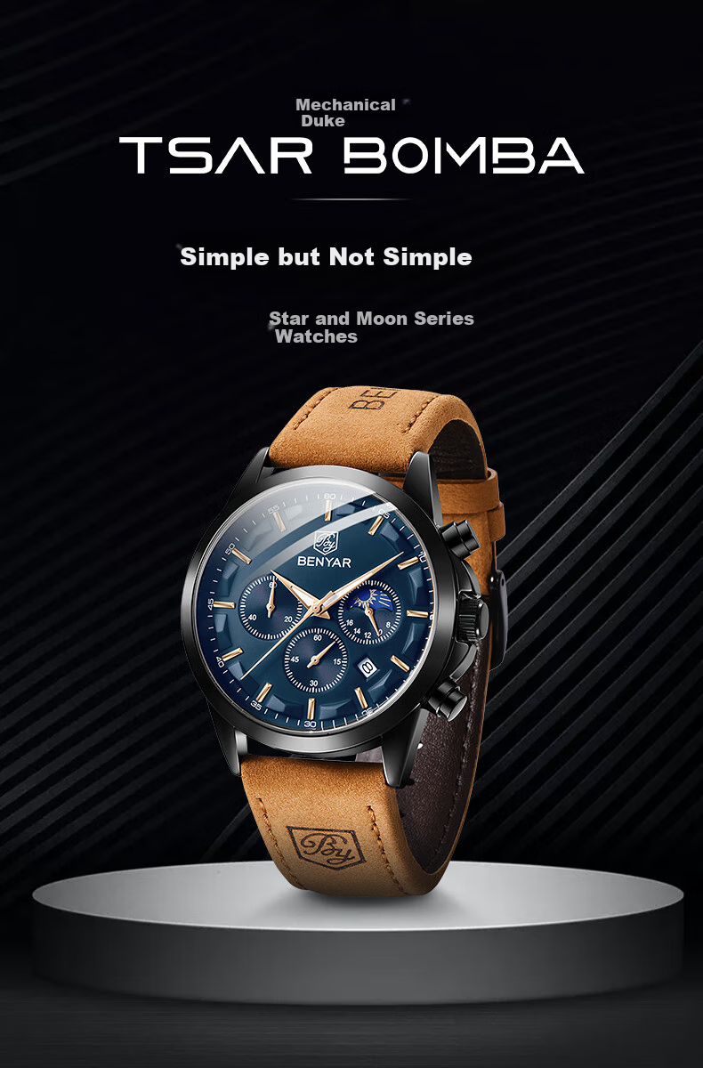 TSAR BOMBA Back-To Season Benyar Star Moon Calendar Men's Quartz Watch, Elegant Casual Business Style for Students And Boyfriends 1