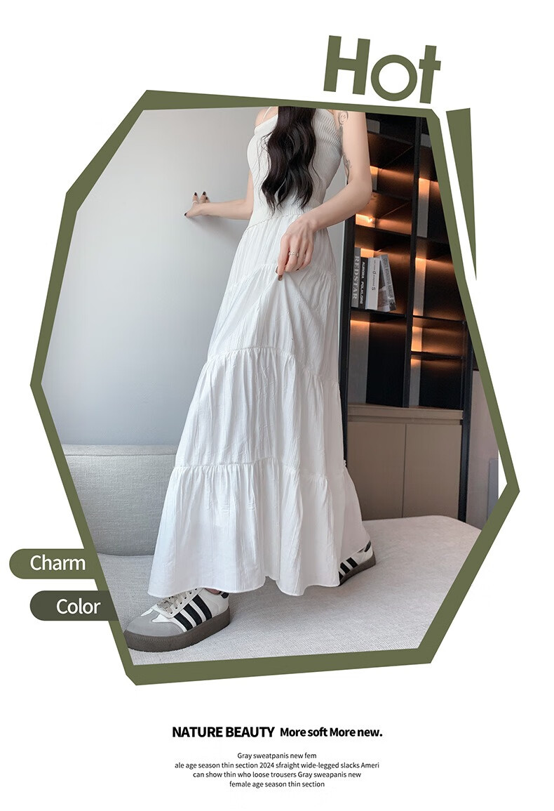 Jeanswest Women's Summer High-Waist Slimming Versatile Loose Peach Blossom Wrinkle Cake Skirt White M 4