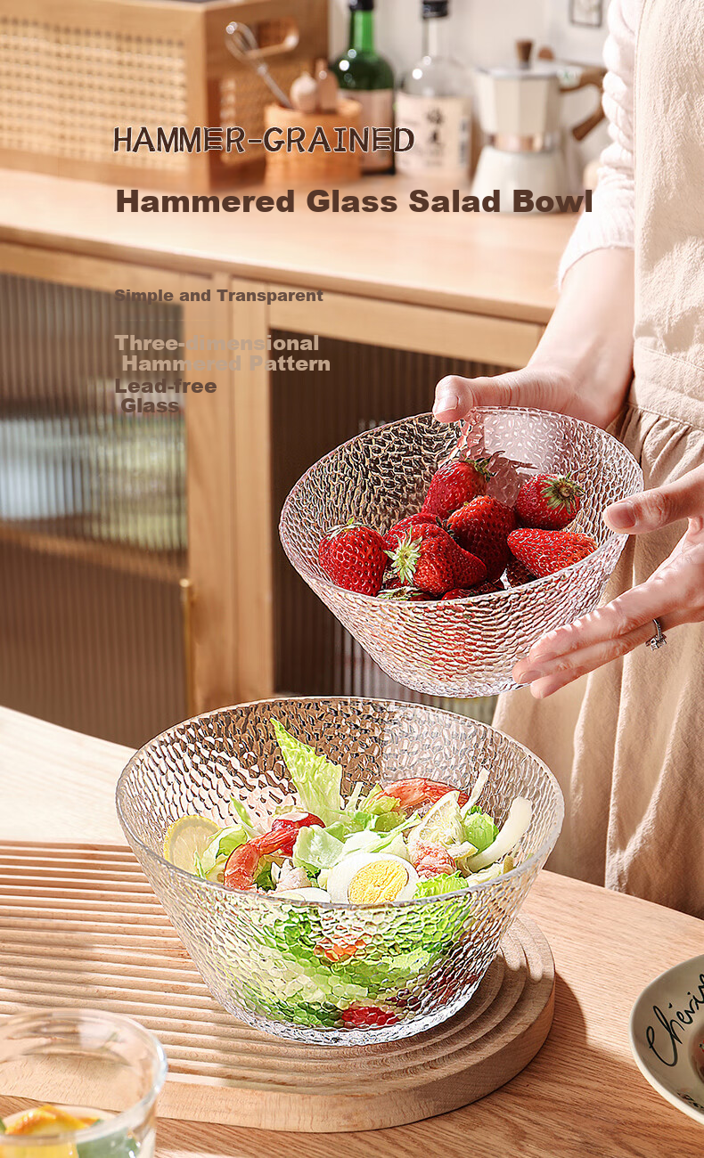 CRISTALGLASS Glass Salad Bowl, Hammered Texture Transparent Glass Bowl, Cold Dish Vegetable Fruit Plate, Dessert Bowl, Tableware, Large Size 1600ml 1
